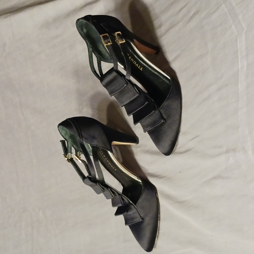 Loeffler Randall Black Silk Pleated Accents T-Strap Pumps size 7.5 B